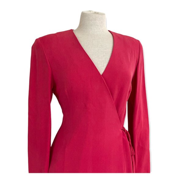 Dana Buchman Coral Pink Silk Wrap Dress Women's Sz 8 Long Sleeve Gold Beaded Tie - Picture 4 of 10